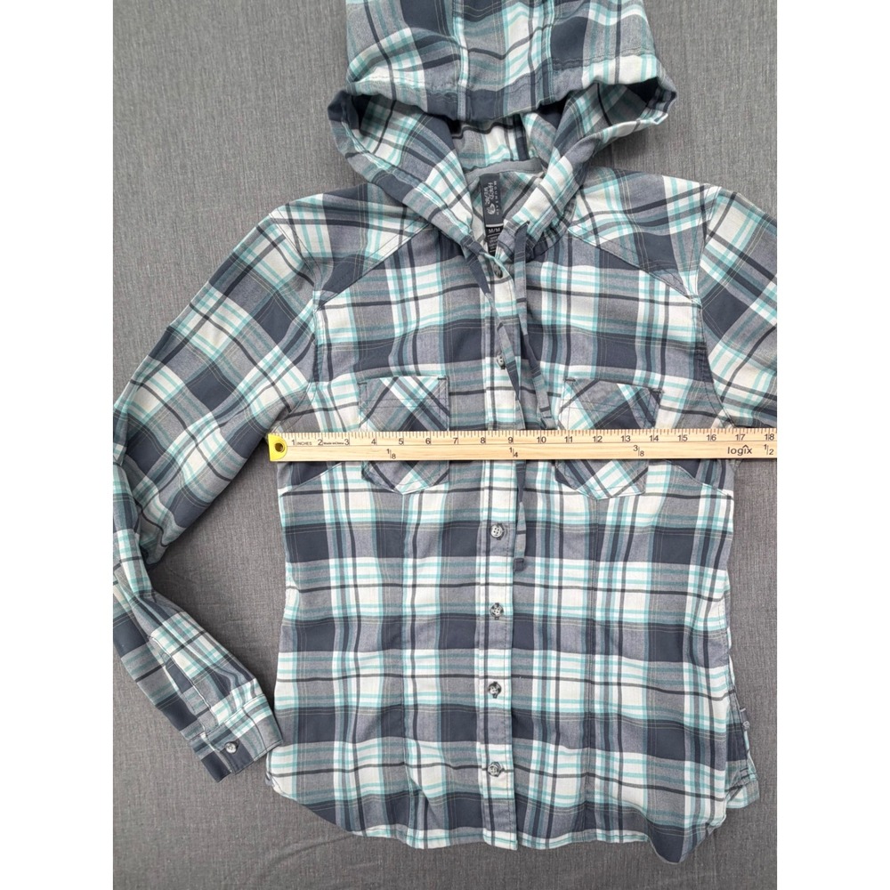 Mountain Hardwear Womens Plaid Hooded Flannel‎ Shirt Gray Teal Stretch Medium - Picture 7 of 8